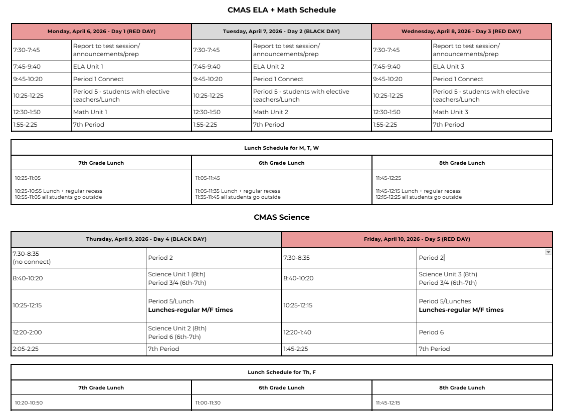 CMAS test schedule